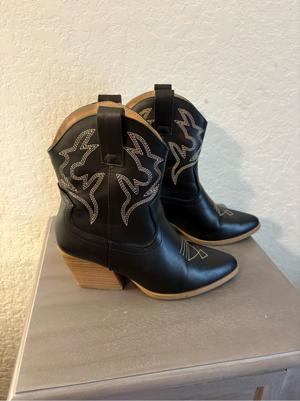 Soda Black Western Ankle Boots with Stacked Heel